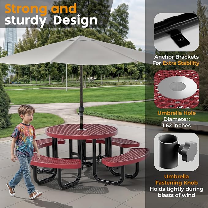 Round Metal Picnic Tables for Kids for Outdoors with Umbrella Hole, Adjustable Seats for School, Park, Playground (Red, 38 in, Kids, Expanded Steel)