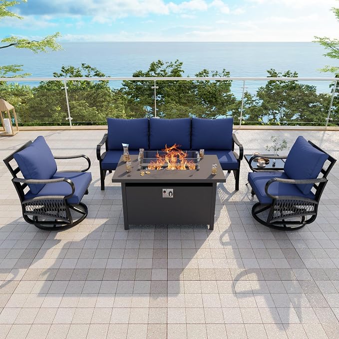 5-Piece Outdoor Furniture Set, Metal Swivel Rocking Chairs with All-Weather Cushions, Rope Patio Conversation Set with Fire Pit Table for Deck, Porch, Garden, Backyard, Poolside (Blue Cushions)