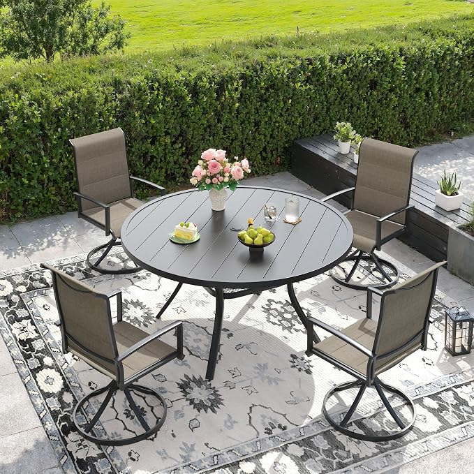 DIFY 5 Piece Outdoor Patio Dining Set for 4, 47.2" Black Round Metal Dining Table and Swivel Patio Chairs with Brown Padded Textilene, All-Weather Outdoor Furniture Set for Garden Backyard Porch