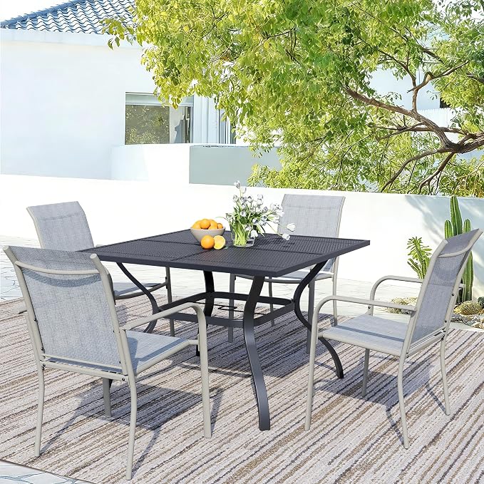 5 Piece Patio Dining Set for 4, 37.5” Black Square Table with Umbrella Hole and 4 Beige Blue Patio Stackable Chairs, Patio Table and Chairs for Backyard, Lawn, Deck & Garden