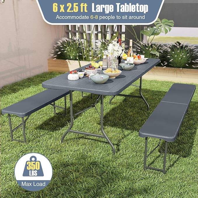 Goplus 6 FT 3-Piece Portable Picnic Table Bench Set, HDPE Wood-Like Plastic Folding Picnic Tables with Benches, Foldable Patio Camping Beer Table, Indoor & Outdoor Folding Table and Chairs