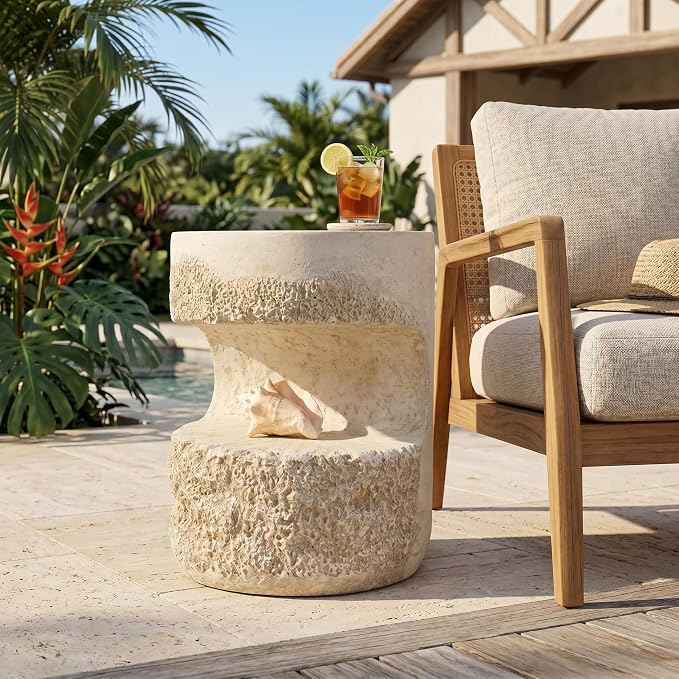 Christopher Knight Home Skye Round MGO Outdoor Side Table With Hollow Cylindrical Design, Square Accent Table with Stone-Like Texture, Weather Resistant Small End Table for Indoor/Outdoor Usage, Beige
