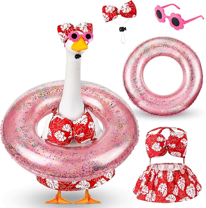 Bikini Porch Goose Outfits with Sunglasses and Swimming Tube for 23" Summer Goose Costume Garden Patio Statue Decor(Hot Pink Monstera)