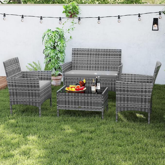 Tangkula 4 Piece Patio Rattan Conversation Set, Outdoor Wicker Furniture Set with Chair, Loveseat & Tempered Glass Table, Cozy Seat Cushions, Outside Sectional Sofa Set for Backyard, Porch