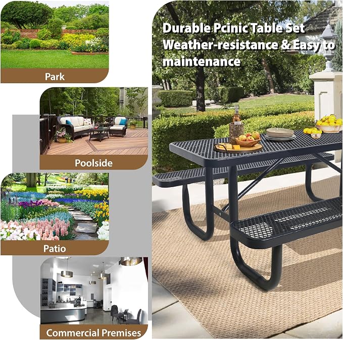 4FT & 6FT Outdoor Picnic Table, Rectangle Metal Picnic Table with Benches, Heavy-Duty Steel for Patio Garden Park Camping - Commercial & Residential Use, Weather Resistant, Easy Assembly (6FT)