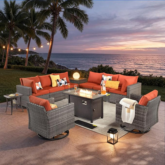 ovios 11 Piece Outdoor Patio Furniture Set with Fire Pit Table,Conversation Sectional Wicker Couch with Swivel Chairs,Modern Outside Sofa for Balcony Backyard, Orange