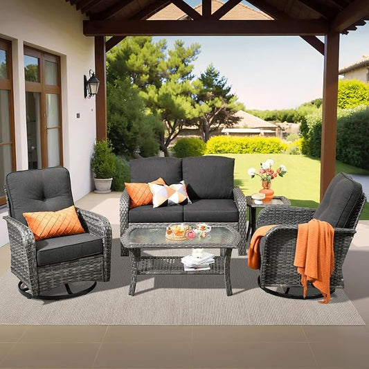 ovios 5-Piece Patio Furniture Set, Outdoor Wicker Sofa with Swivel Chairs Coffee Table, High Back Rattan Couch Loveseat with Comfy Cushions for Porch Yard Deck, Black