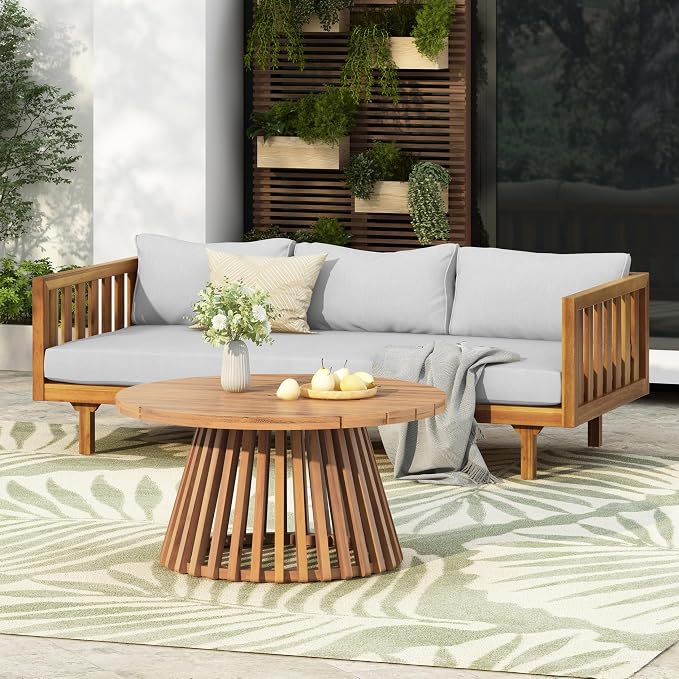 Christopher Knight Home Charm Patio Conversation Set, 3 Seater Acacia Wood Sofa, Spacious Seating Daybed, Wood Coffee Table, Round Side Table, Outdoor Furniture for Backyard Garden Rest, Light Gray