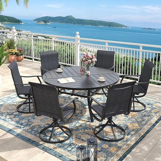 Outdoor Dining Set for 6, 50.1" Metal Round Outdoor Dining Table with Umbrella Hole and Sling Patio Swivel Chairs, 7 Pieces Patio Table and Chairs Set for Garden Backyard, Charcoal and Black