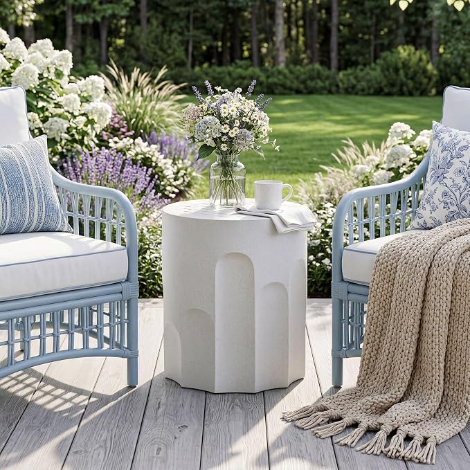 COSIEST Outdoor Side Table, 16.9" Modern Concrete End Table w Chessboard for Patio,Lightweight Round Outside Accent Table & Plant Stand for Garden, Porch, Deck, Balcony，White