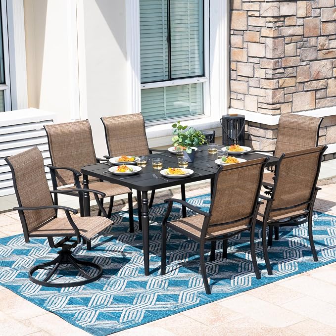 NUU GARDEN 7-Piece Outdoor Metal Dining Set, Patio Dining Table Set with 2 Textilene Swivel Chairs and 4 Textilene Chairs, Patio Furniture Set for Patio, Deck, Garden, Backyard, Balcony, Black&Brown