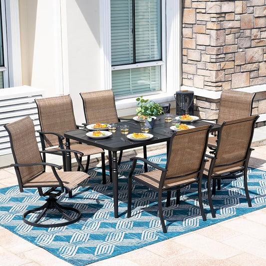 NUU GARDEN 7-Piece Outdoor Metal Dining Set, Patio Dining Table Set with 2 Textilene Swivel Chairs and 4 Textilene Chairs, Patio Furniture Set for Patio, Deck, Garden, Backyard, Balcony, Black&Brown