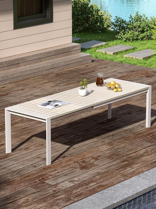 Extendable Outdoor Dining Table for 6-10 Person, 85"-107" Oversized Rectangular Patio Dining Table, Never-Rust Aluminum Expandable Dining Table with Wood Grain Tabletop for Deck, Garden, Porch