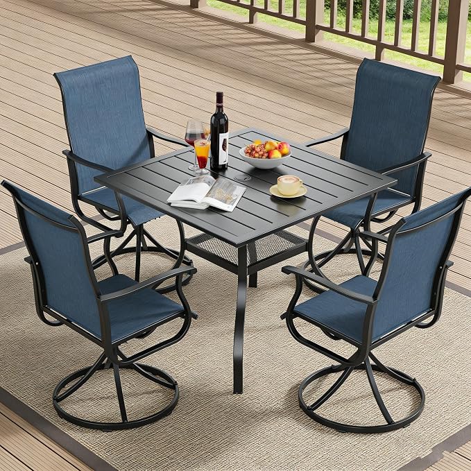 SUNCROWN 5-Piece Outdoor Patio Dining Set, All Weather Square Metal Table & 4 Dark Blue Swivel Textilene Mesh Chairs, Weather Resistant Patio Furniture for Deck Lawn Garden Backyard Poolside