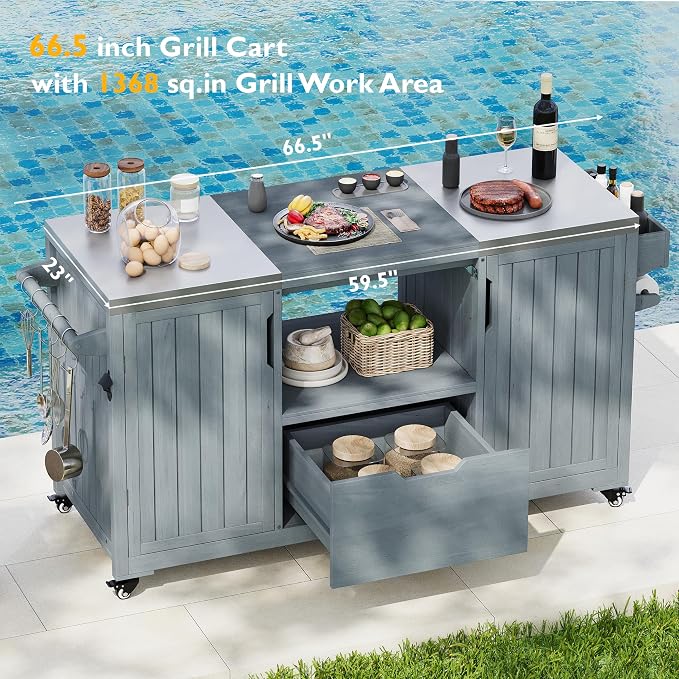 66.5" Large Outdoor Kitchen Island for Big Green Egg Grill, Outdoor Patio Bar Table with Stainless Steel Top and Adjustable Shelf, Rolling Grill Table Cart for Outside, Kitchen, BBQ, Grey Blue