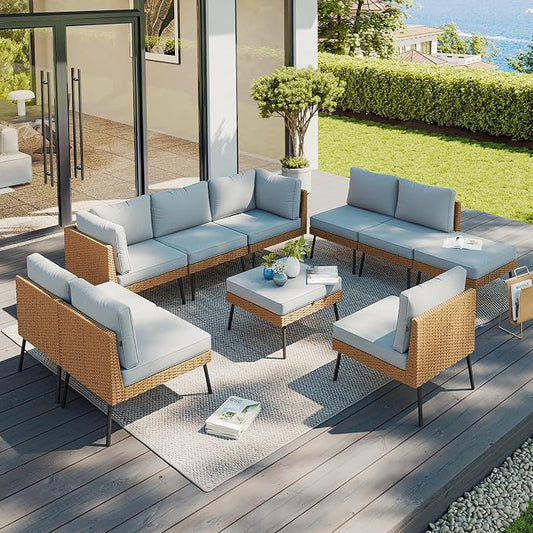 Aoxun 10 Piece Patio Furniture Set, 10 Seats Outdoor Sectional Sofas with Thick Cushion, Wicker Outdoor Patio Furniture Set with Ottomans for Party, Garden, Backyard, Grey