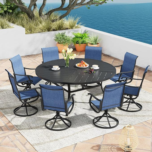 9 Pieces Patio Furniture Dining Set, 8 Textilene Swivel Dining Chairs, 60" Outdoor Round Metal Table with 1.57" Umbrella Hole, Outdoor Dining Set for Porch, Lawn, Garden, Black/Blue