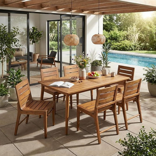 Christopher Knight Home 7 Piece Outdoor Dining Set, 71" Acacia Wood Patio Table with 6 Wooden Chairs, Teak Finish Solid Wood Dining Table Set for Backyard Garden Porch Deck