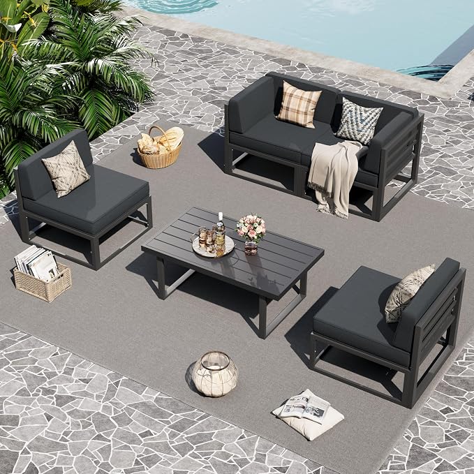 UDPATIO Aluminum Patio Furniture Set, Modular Oversized Outdoor Sectional of Olefin 5 inch Thick Cushion, Coffee Table and Waterproof Cover, Patio Conversation Sets for Porch, Deck