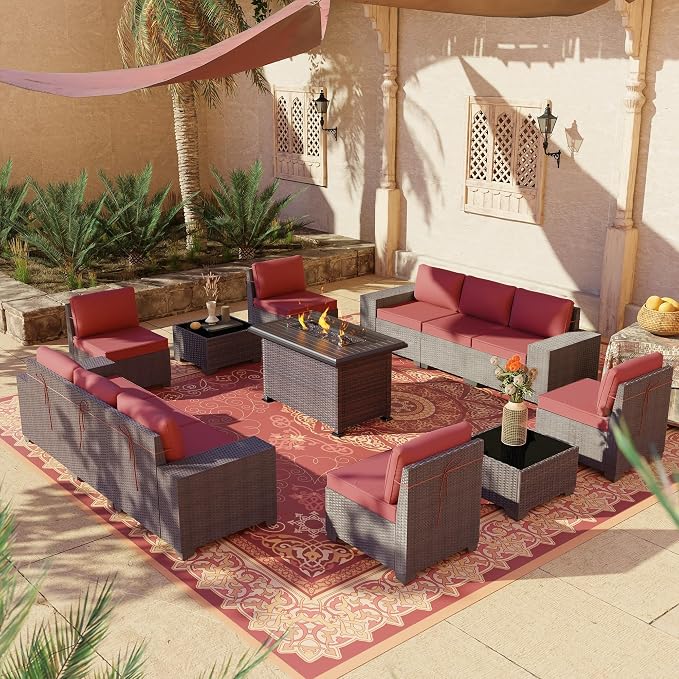 13 PCS Outdoor Patio Furniture Set,Outdoor Sectional Furniture with 43" 55000 BTU Gas Propane Fire Pit Table,All Weather PE Rattan Wicker Patio Conversation Set,Red