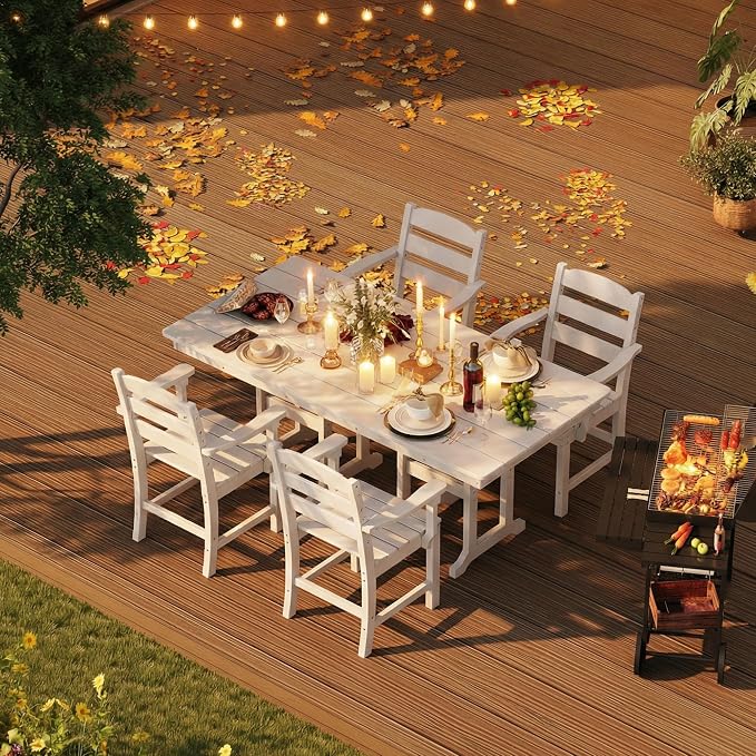 HOPUBUY 5 Pieces Patio Dining Set for 4, 71" HDPE All-Weather Patio Table and Chairs Set with Umbrella Hole, Durable Outdoor Furniture Set for Garden, Backyard, Lawn & Poolside (White)