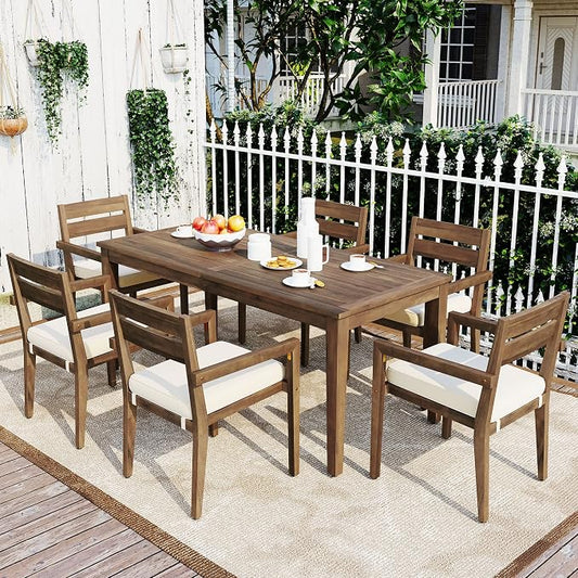 7-Piece Patio Dining Set,Acacia Wood Outdoor Dining Table and 6 Cushioned Chairs, Modern Conversation Furniture for Courtyard,Garden, Balcony,Deck,Poolside (Burly Wood/Acacia2, 7-Piece)