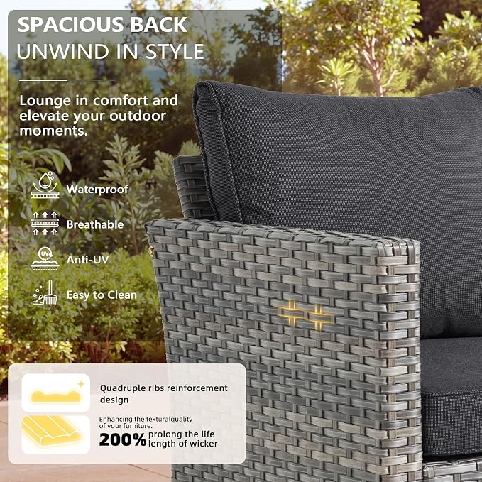 CAODOC 8-Piece Outdoor Wicker Patio Set with 9 Seats, Including 43" Fire Pit - Sectional Sofa and Conversation Set for Backyard or Lawn, Gray Rattan with Waterproof Black Cushions