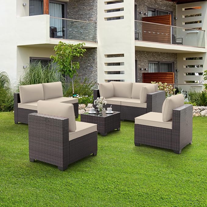 7 Pieces Outdoor Patio Furniture Set Wicker Sectional Sofa with Cushions & Tea Table Patio Rattan Conversation Chair Sofa Set Beige