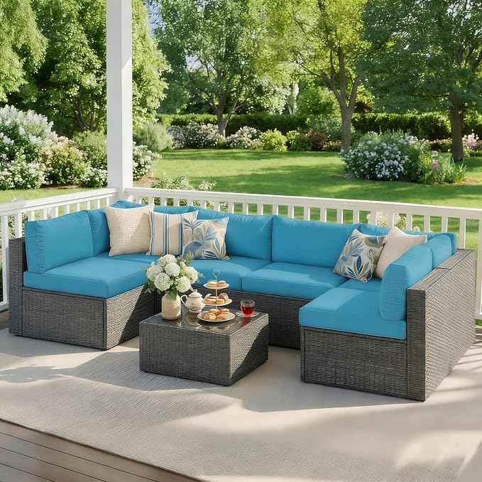 Wisteria Lane 7 Pieces Outdoor Patio Furniture Set, Wicker Outdoor Patio Sectional Sofas with Coffee Table, All-Weather Patio Conversation Set for Garden Backyard, Light Blue