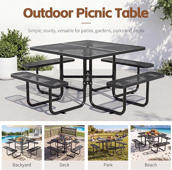 46" Square Metal Picnic Table with 1.73" Umbrella Hole, Commercial Steel Picnic Table, Heavy Duty Picnic Tables with Benches for Outdoor Garden Courtyard BBQ, Black