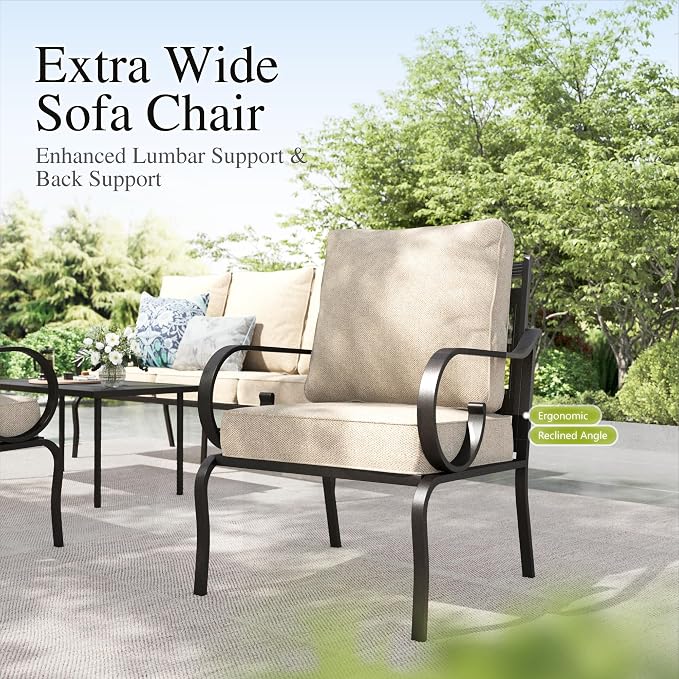 Sophia & William Patio Conversation Set for 5, 3-Seater Sofa, 2 Fixed Chairs and a 45" Fire Pit Table, Metal Outdoor Furniture with 5.75" Extra Thick Cushions, Beige