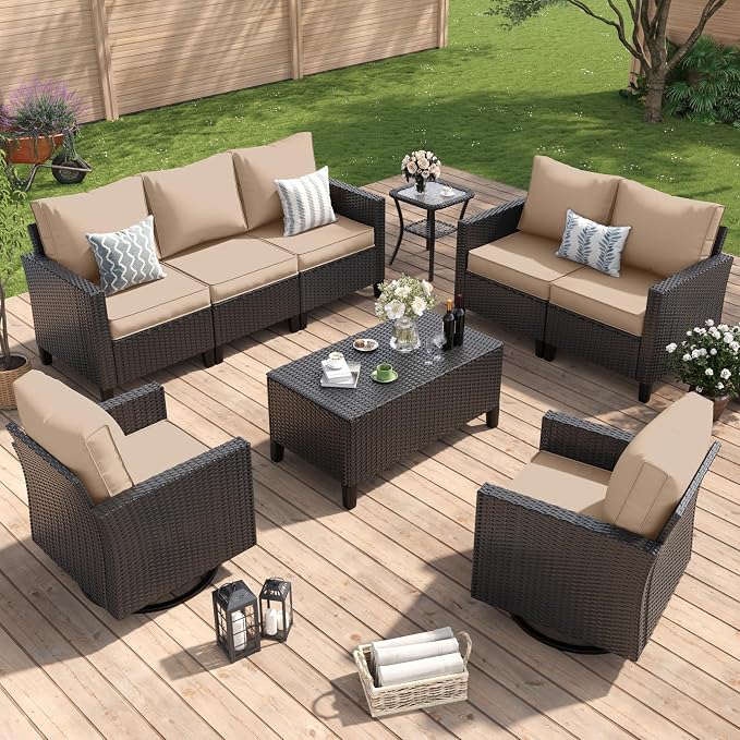Amopatio Patio Furniture Set, Wicker Outdoor Sectional Sofa with Swivel Rocker Chairs, All-Weather Rattan Conversation Set, Storage Coffee Table, Waterproof Cover for Backyard,Deck Black/Khak 6 PCS