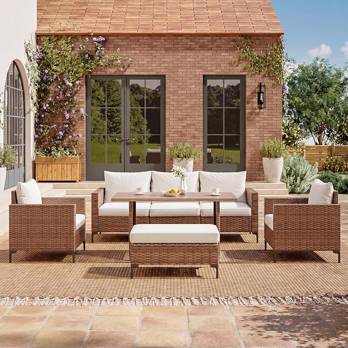 LAUSAINT HOME 5 Pieces Outdoor Patio Furniture Set, PE Wicker Sectional Conversation Sofa with Adjustable Backrests, Storage Ottoman & Wood Table with Umbrella Hole, Beige