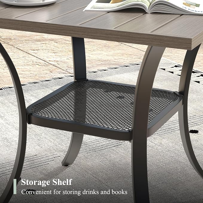 Outdoor Dining Table with Storage Shelf, 27.5" All-Weather Square Patio Dining Table for 2, Metal Patio Table for Garden Lawn Porch Deck Yard, Grey