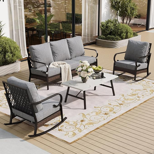 SUNSHINE VALLEY 4 PCS Metal Outdoor Patio Furniture Set, Patio Conversation Sets 1 3-Seater Sofa, 2 Rocking Chairs with 5.75" Extra Thick Cushion & Coffee Table, Black Frame Backyard Furniture, Gray
