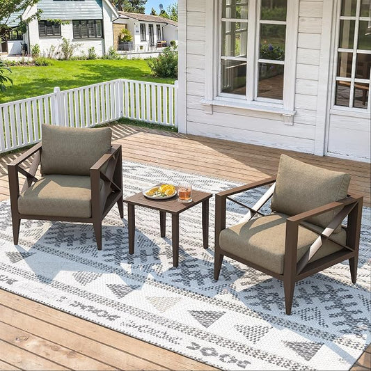 3-Piece Oversized Aluminum Patio Furniture Set, Outdoor Deep Seating Conversation Sofa Set with Coffee Table, 5.2" Cushions, All-Weather Rust-Proof Frame for Backyard, Deck, Balcony-Brown