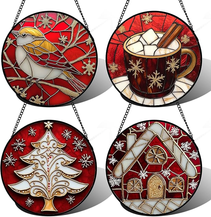 DASTOLL Stained Glass Window Hanging 4 Pcs Set Red Christmas Themed Decorations 6.3" - Suncatcher Door Garden Sun Catcher Decor Birthday New Year for Mom Woman Nana Men