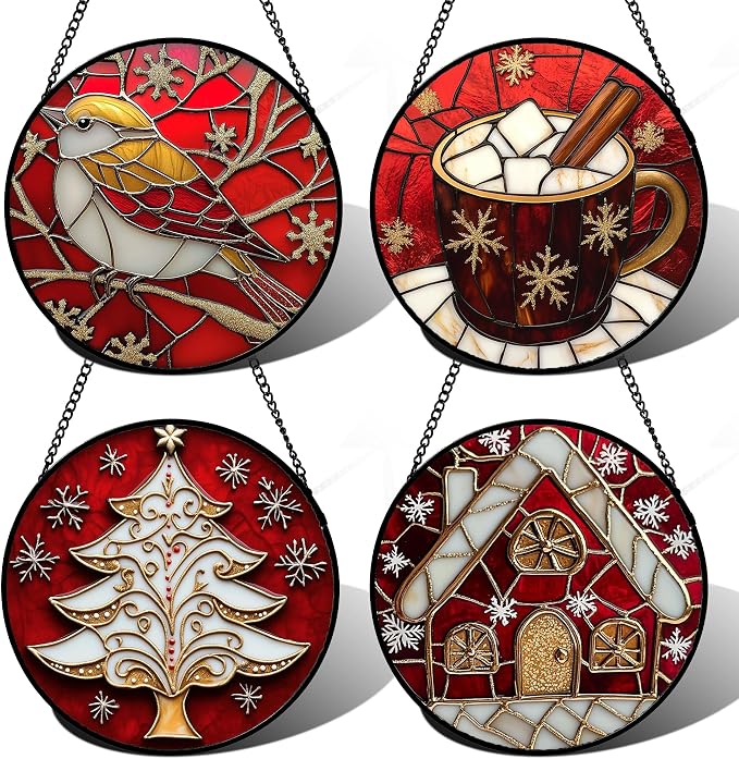 DASTOLL Stained Glass Window Hanging 4 Pcs Set Red Christmas Themed Decorations 7.8" - Suncatcher Door Garden Sun Catcher Decor Birthday New Year for Mom Woman Nana Men