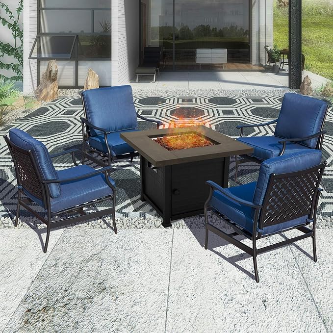 Outdoor Furniture Patio Conversation Set CSA Certification 50,000 BTU 33.9 Inch Propane Fire Pit Table Sets with Rocking Chairs (5 Pcs,Blue)