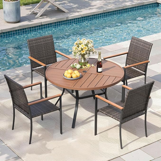 Round Patio Dining Set for 4, Outdoor Furniture Set of 40.6" Round Metal Table with Umbrella Hole and Stackable Wicker Patio Chairs for Backyard Lawn Garden, Walnut Chairs, Walnut Table