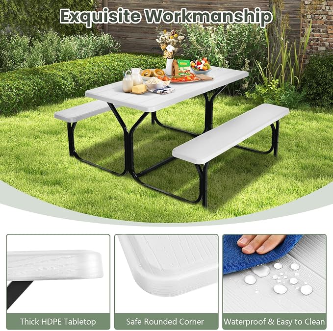Picnic Table, Camping Portable Picnic Table Bench Set for 4 Persons, Heavy-Duty Steel Frame & Resin Tabletop, All Weather Outdoor Picnic Tables for Patio Travel BBQ Party Garden (White)