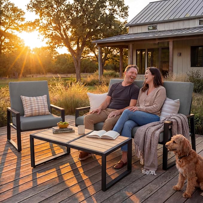 Gizoon 4-Piece Outdoor Patio Furniture Set with Coffee Table and Removable Cushions, Metal Patio Conversation Set for Family, Yard, Poolside (Gray)