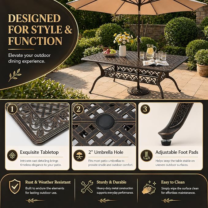 7 Piece Outdoor Dining Set Cast Aluminum, Retro Patio Dining Set for 6 Includes 59” Rectangular Table with Thicker Cushions and Umbrella Hole for Patio Deck Garden