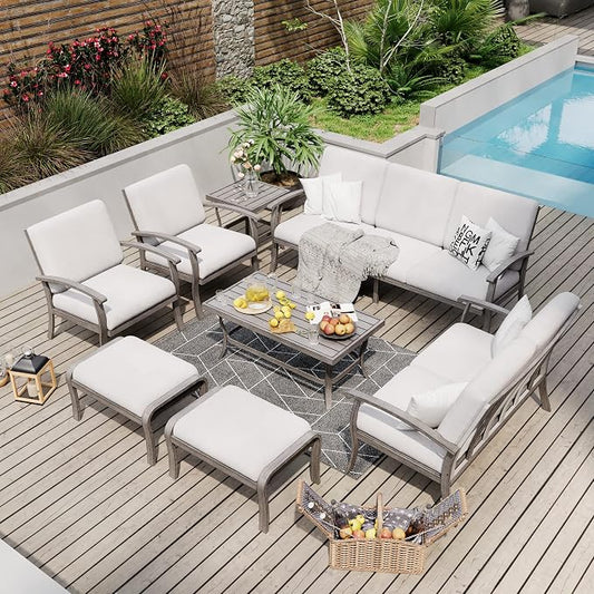 HAPPATIO 8 Piece Aluminum Patio Furniture Set, 3-Seat Outdoor Couch and Loveseat, All-Weather Outdoor Sectional Sofa with Armchairs and Ottomans, Garden Conversation Set with Tables(Gray)