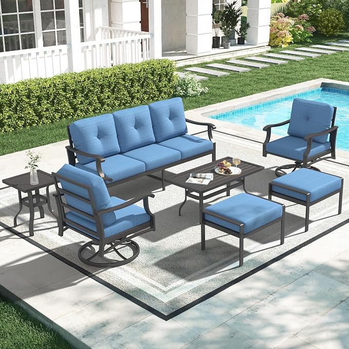 7 Piece Aluminum Patio Conversation Set, Outdoor Metal Furniture Set w/Rocking Swivel Chairs, 3-Seat Sofa, Ottomans and Coffee Side Table, 5" Thickened Cushions for Porch Yard, Poolside, Blue