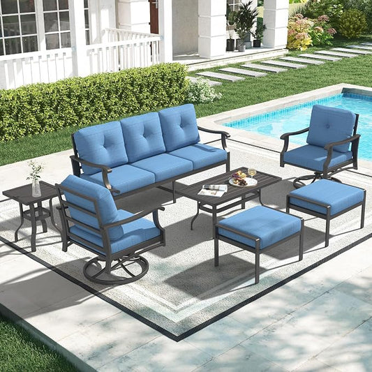 7 Piece Aluminum Patio Conversation Set, Outdoor Metal Furniture Set w/Rocking Swivel Chairs, 3-Seat Sofa, Ottomans and Coffee Side Table, 5" Thickened Cushions for Backyard, Poolside, Blue