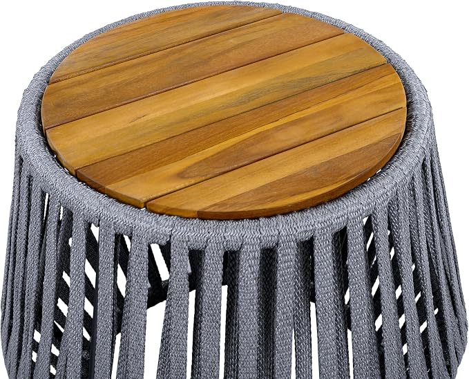 Christopher Knight Home Calla Outdoor Side Table, Boho End Table with Rope Woven Base and Acacia Wood Top, Round Side Table for Patio Balcony or Living Room, Decorative Garden Stool, Beige+Light Teak