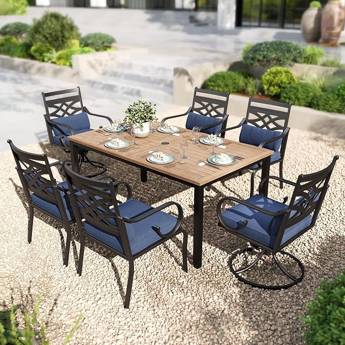 PHI VILLA Patio Dining Set, Swivel Chairs, Metal Table | Metal chairs, Blue Cushion, Umbrella Hole, Cushions, E-coated