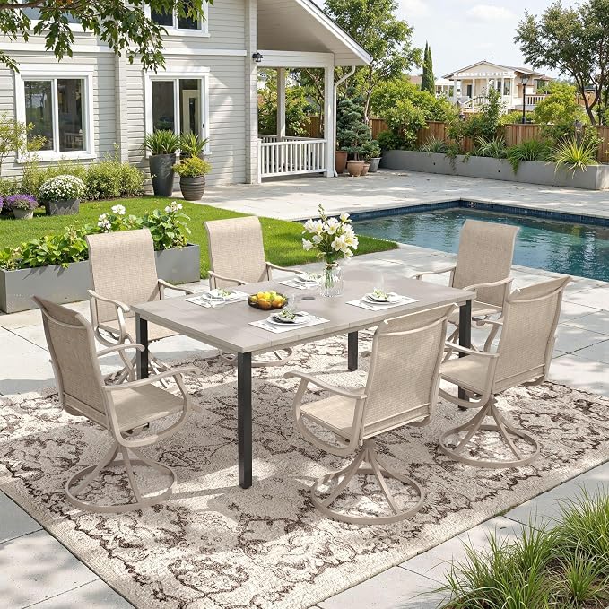 DIFY Outdoor Dining Set for 6, 7 Piece Patio Table and Chairs Set, Sandshell Textilene Swivel Patio Chairs & 63" Grey Wood-Like Rectangle Metal Dining Table with Umbrella Hole, for Garden Backyard