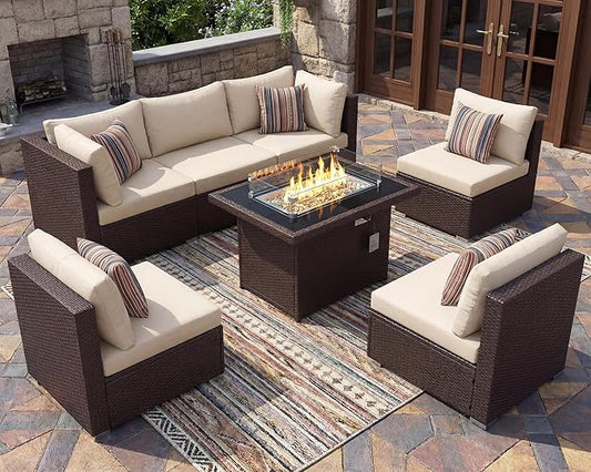 BULEXYARD 7 Pcs High Back Patio Furniture Set with Fire Pit Table Propane/Natural Gas Dual Fuel, All-Weather Outdoor Sectional Couch, Comfy Backyard Seating for Exterior, Brown Wicker & Beige Cushion